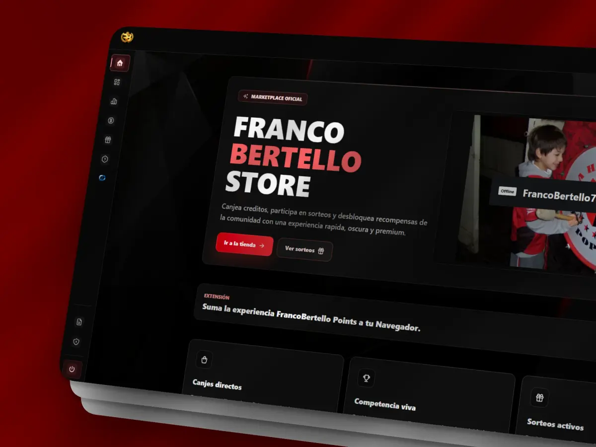 Interfaz oscura de Franco Bertello Store con panel de marketplace, recompensas y streaming